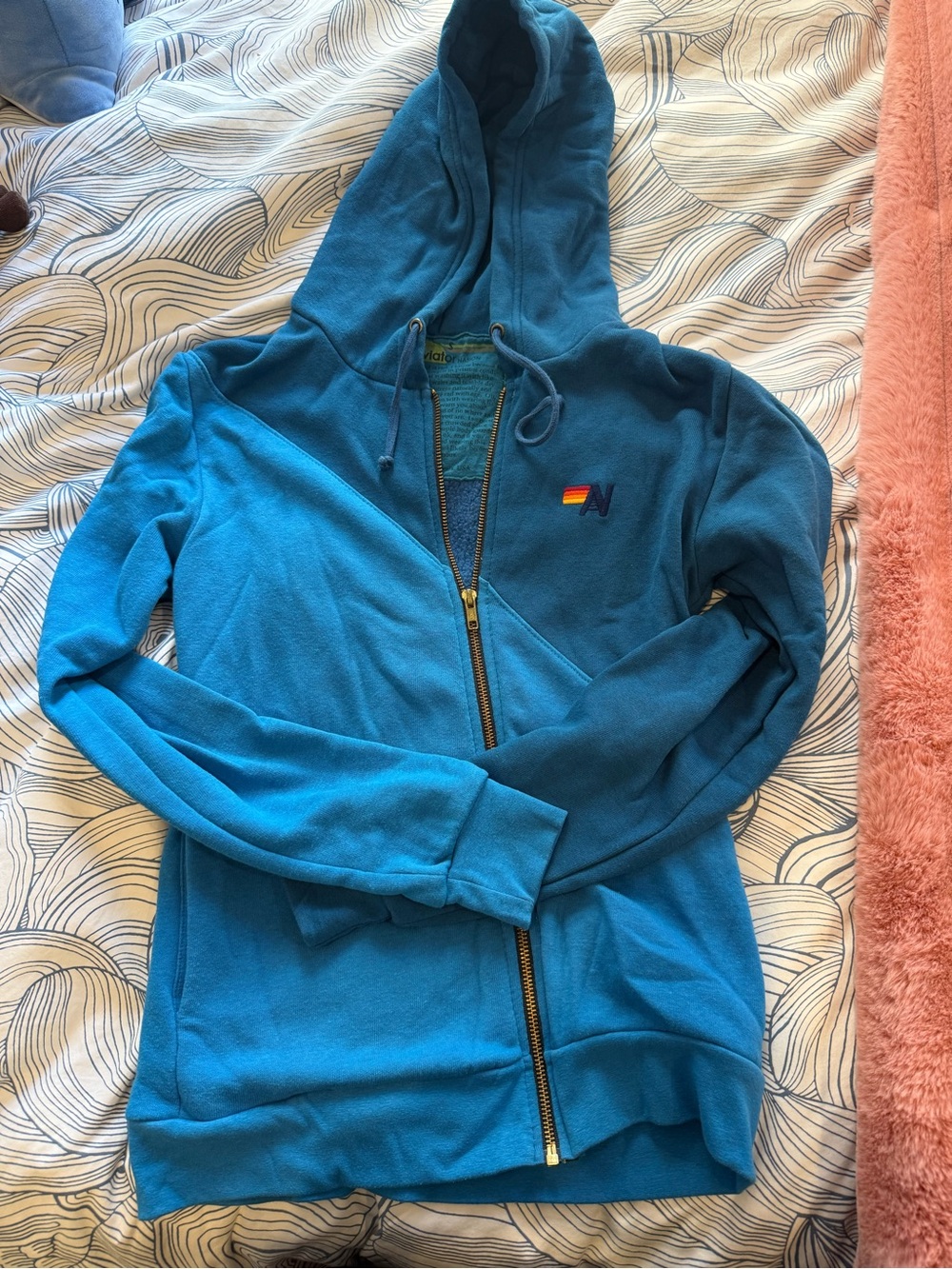 Aviator Nation Teal Zip Hoodie with Rainbow Detail